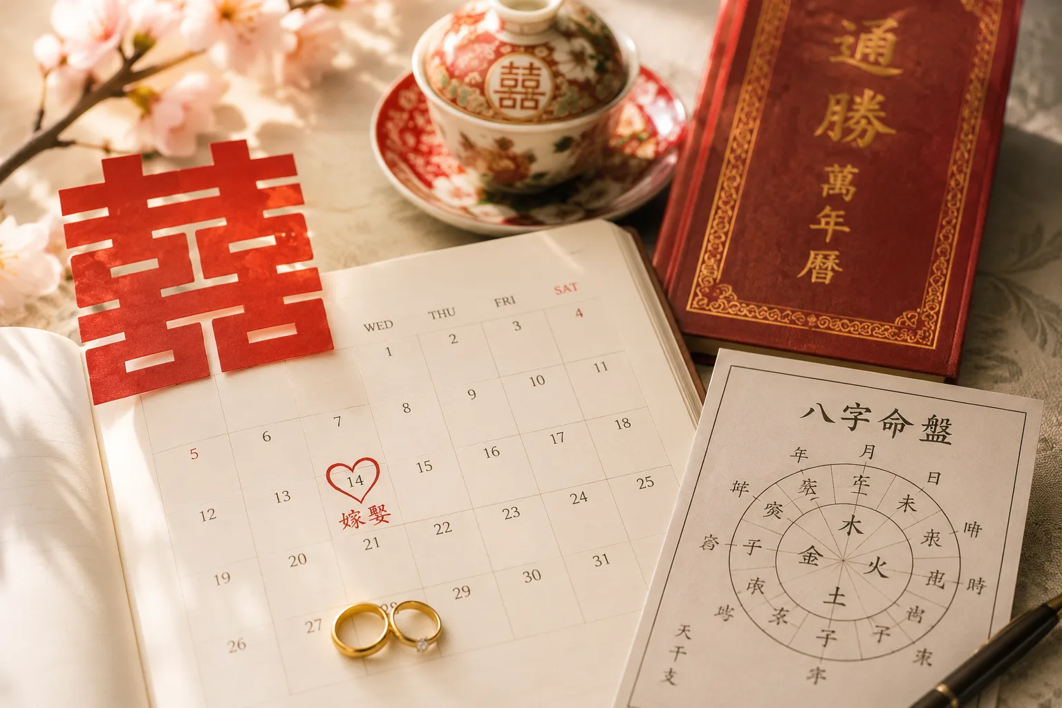 A Chinese calendar and wedding rings representing thoughtful wedding date selection.